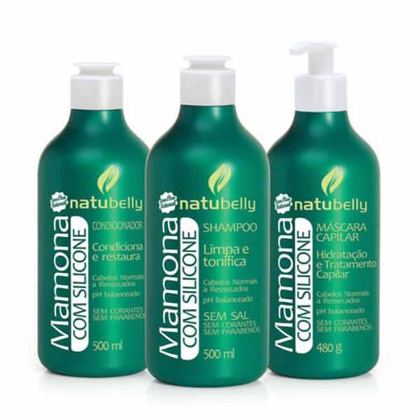 Kit Mamona Shampoo, Condicionador e Máscara foi desenvolvido com um conjunto de silicones especiais que auxiliam na formação de filme protetor essenciais para hidratação dos cabelos. Promove nutrição, proteção e vitalidade aos fios.